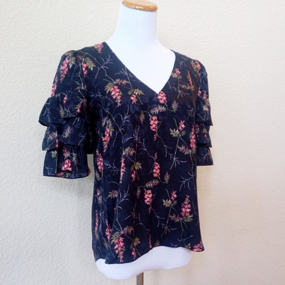 Rebecca Taylor navy blue floral silk blend ruffle sleeve blouse - Picture 6 of 15